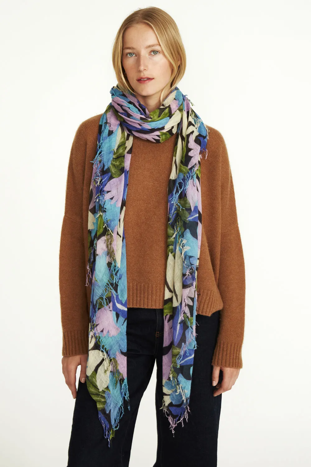 Chan Luu- Floral Cashmere and Silk Scarf- pageant blue