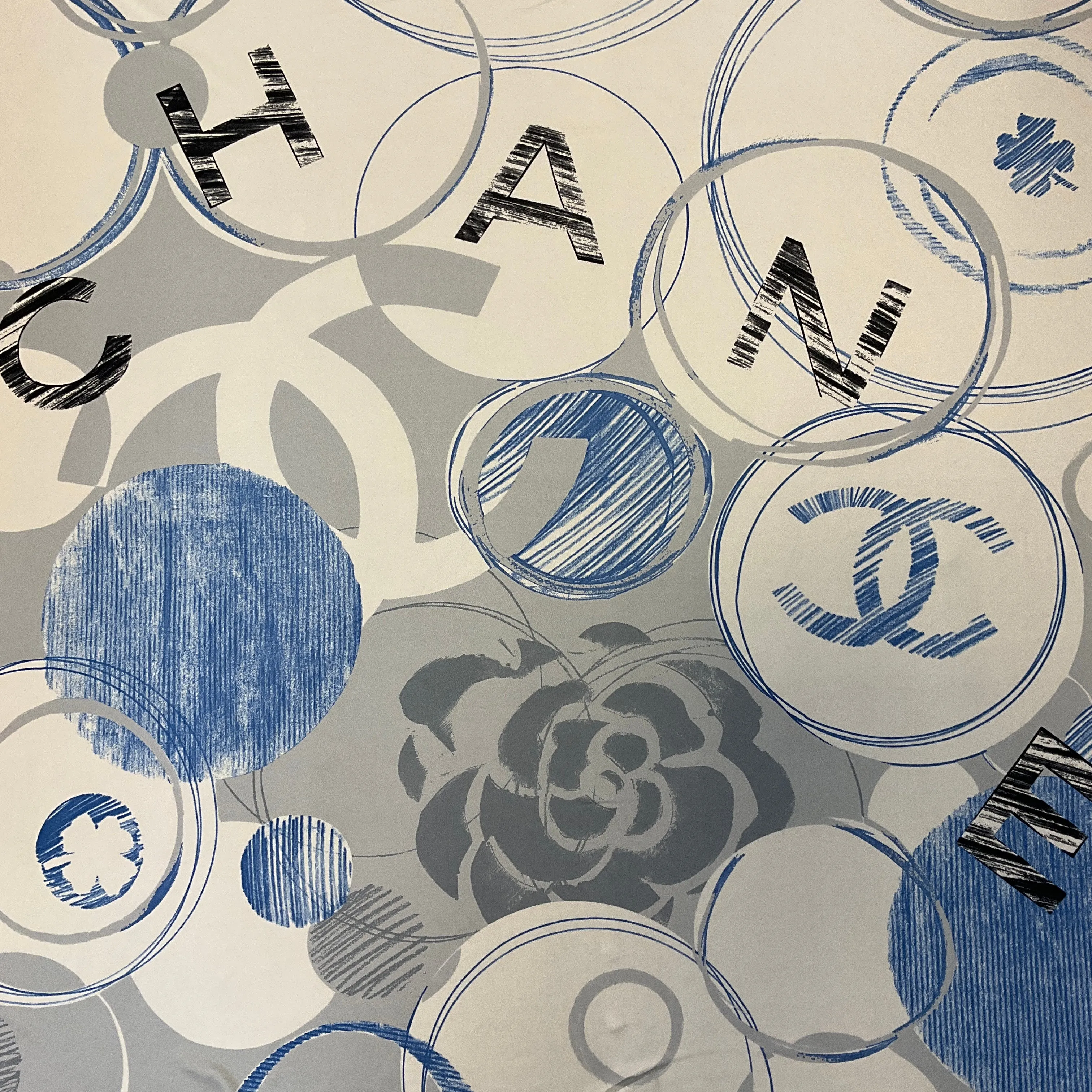 Chanel Light Grey / Blue 2012 CC Logo and Clover Print Square Silk Jersey Scarf