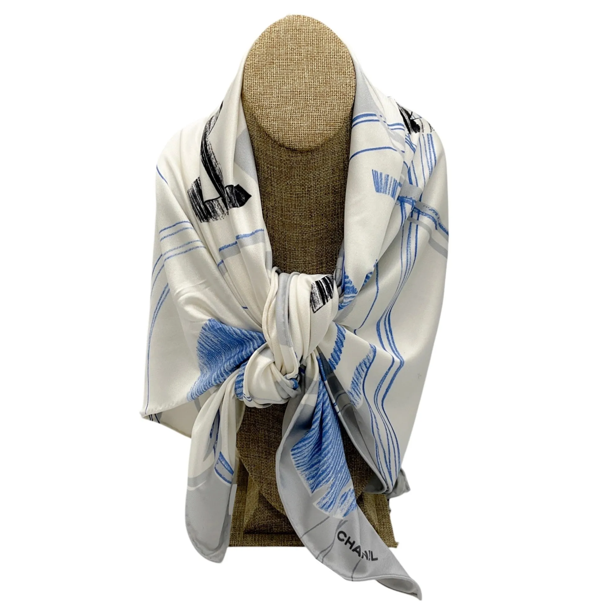 Chanel Light Grey / Blue 2012 CC Logo and Clover Print Square Silk Jersey Scarf