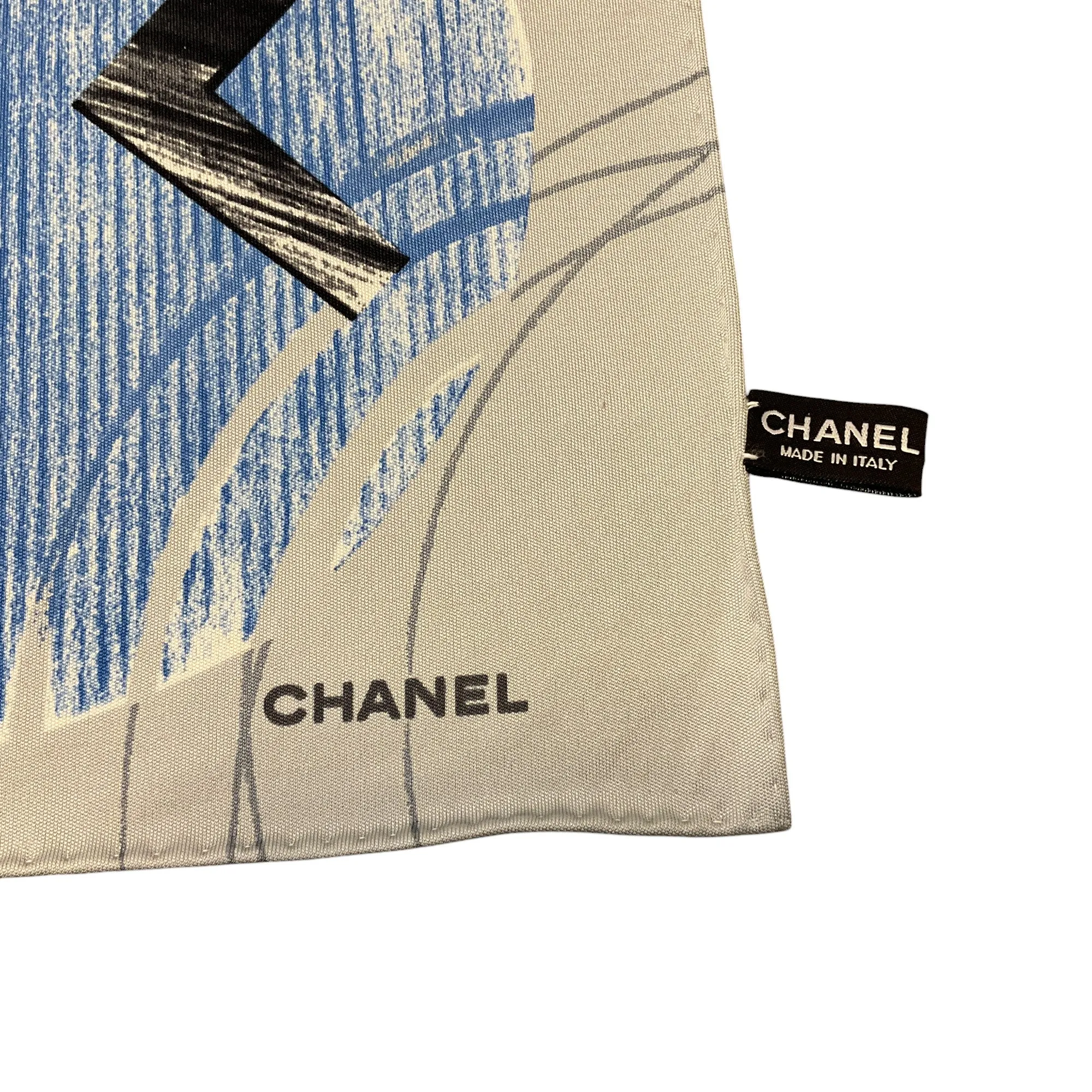 Chanel Light Grey / Blue 2012 CC Logo and Clover Print Square Silk Jersey Scarf