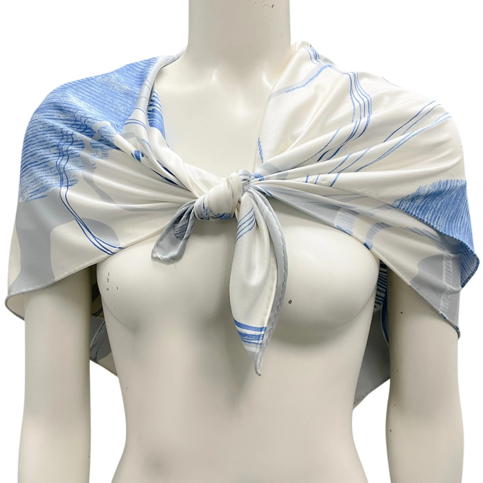 Chanel Light Grey / Blue 2012 CC Logo and Clover Print Square Silk Jersey Scarf