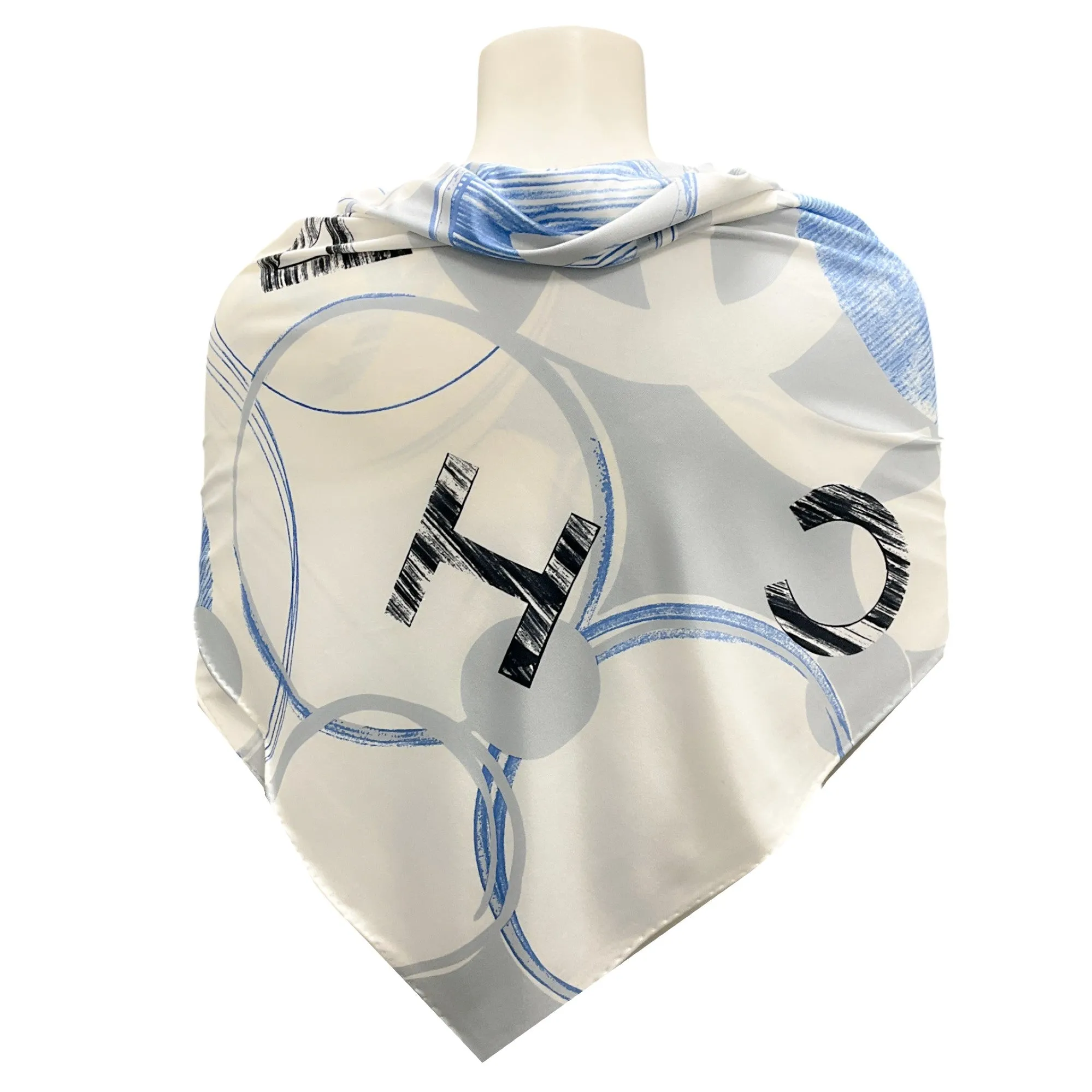 Chanel Light Grey / Blue 2012 CC Logo and Clover Print Square Silk Jersey Scarf