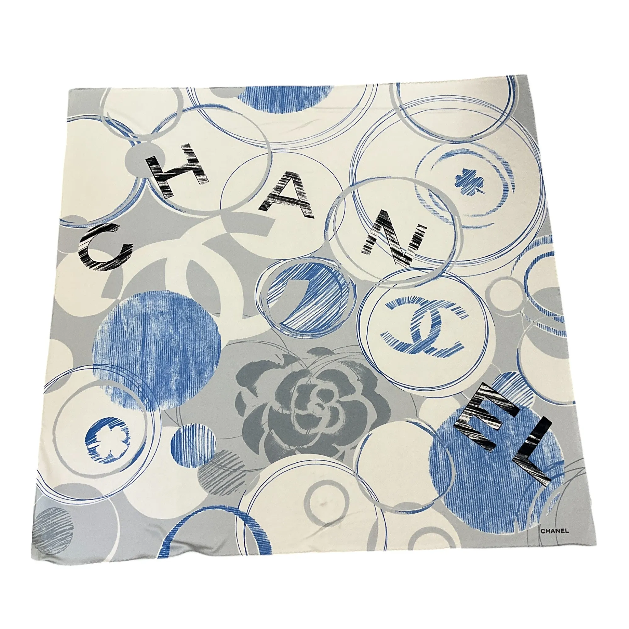 Chanel Light Grey / Blue 2012 CC Logo and Clover Print Square Silk Jersey Scarf