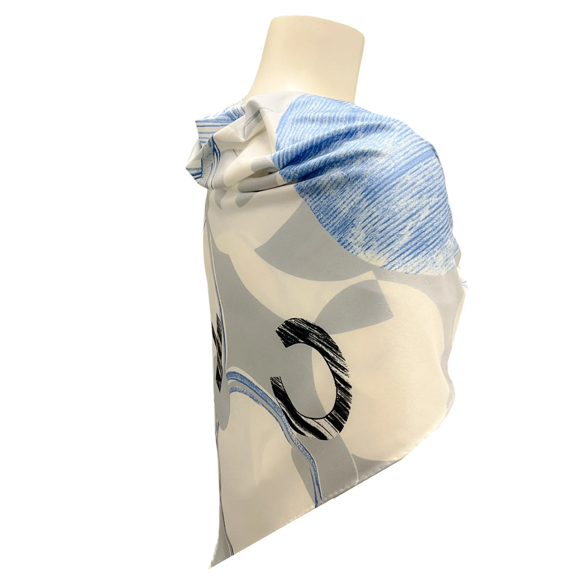 Chanel Light Grey / Blue 2012 CC Logo and Clover Print Square Silk Jersey Scarf