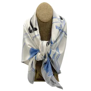 Chanel Light Grey / Blue 2012 CC Logo and Clover Print Square Silk Jersey Scarf