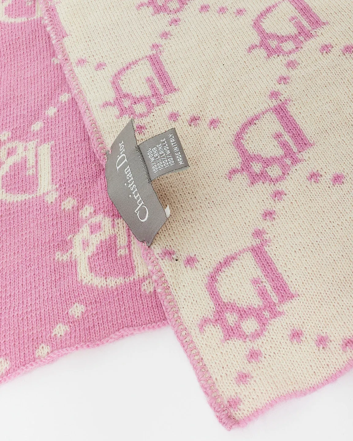 Dior Vintage White & Pink Logo Wool Reversible Scarf