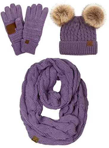 Double Pom Beanie, Infinity Scarf & Gloves Matching Set