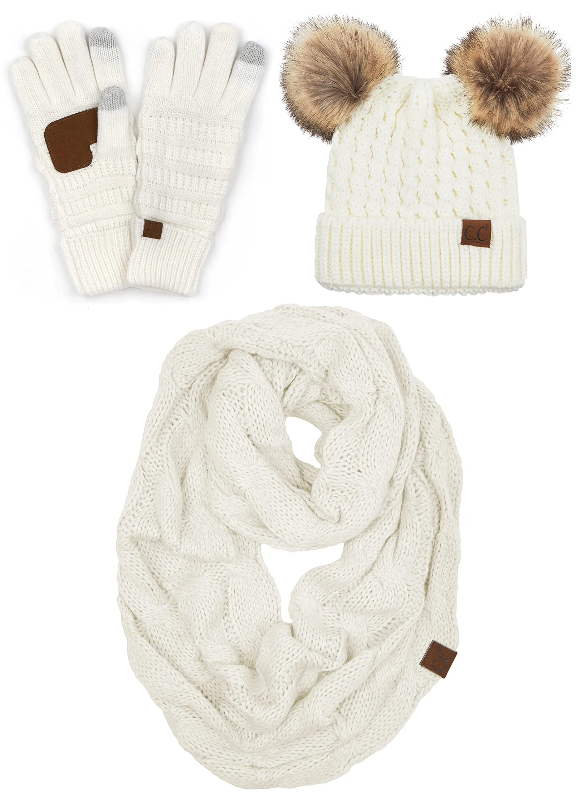 Double Pom Beanie, Infinity Scarf & Gloves Matching Set