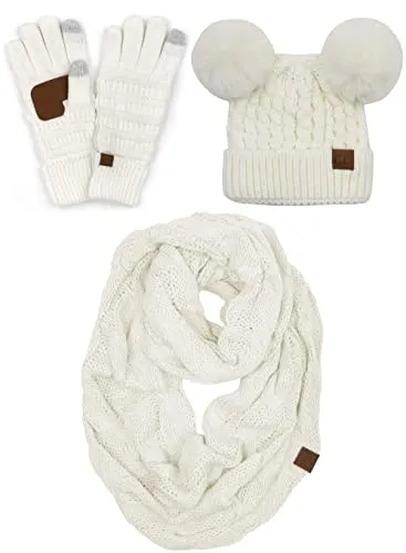Double Pom Beanie, Infinity Scarf & Gloves Matching Set