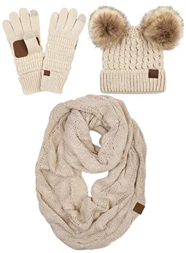 Double Pom Beanie, Infinity Scarf & Gloves Matching Set