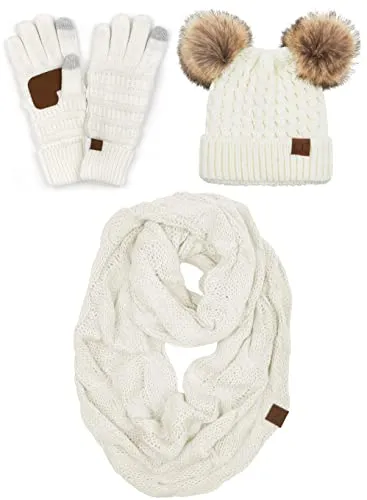 Double Pom Beanie, Infinity Scarf & Gloves Matching Set