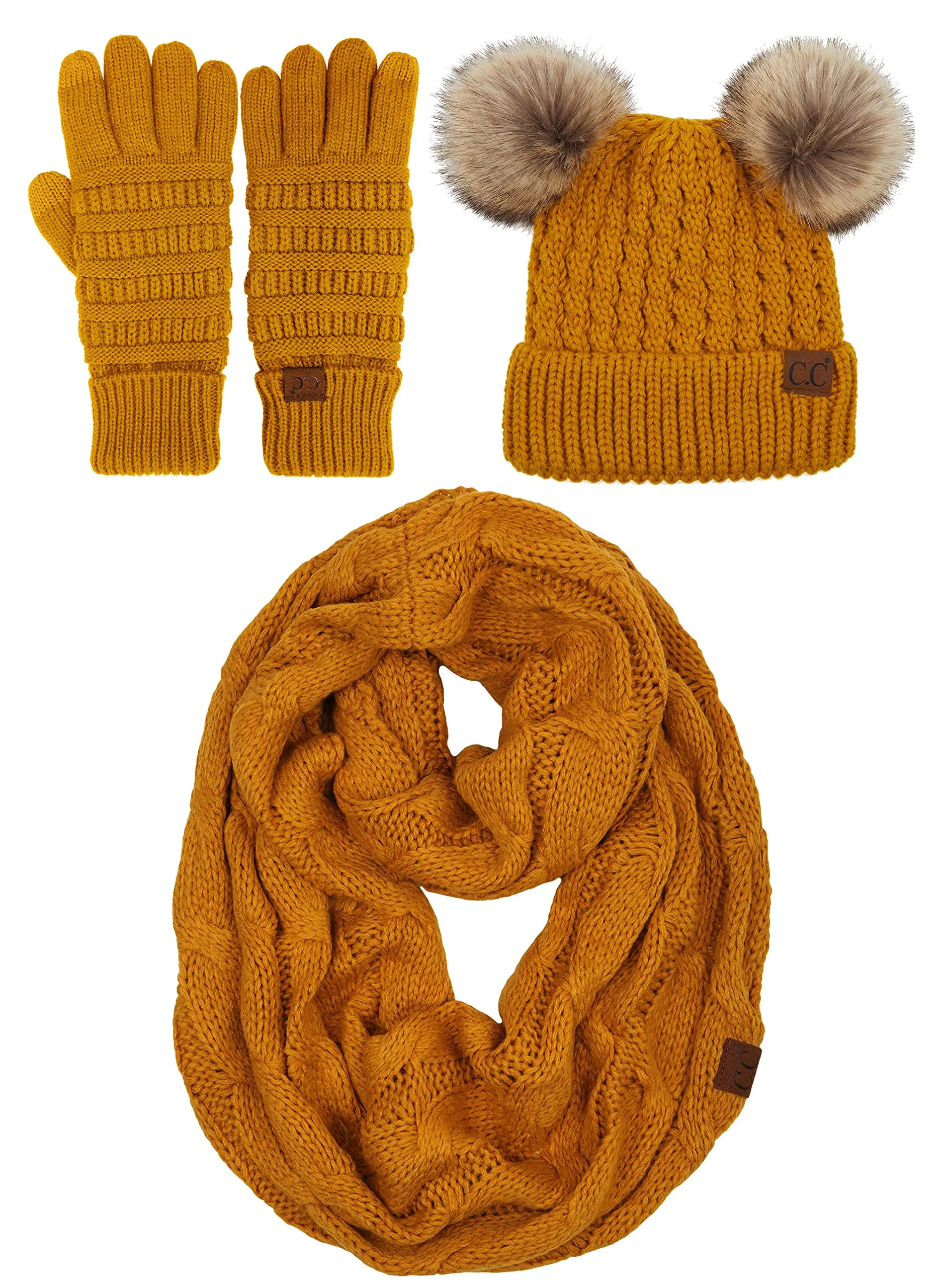 Double Pom Beanie, Infinity Scarf & Gloves Matching Set