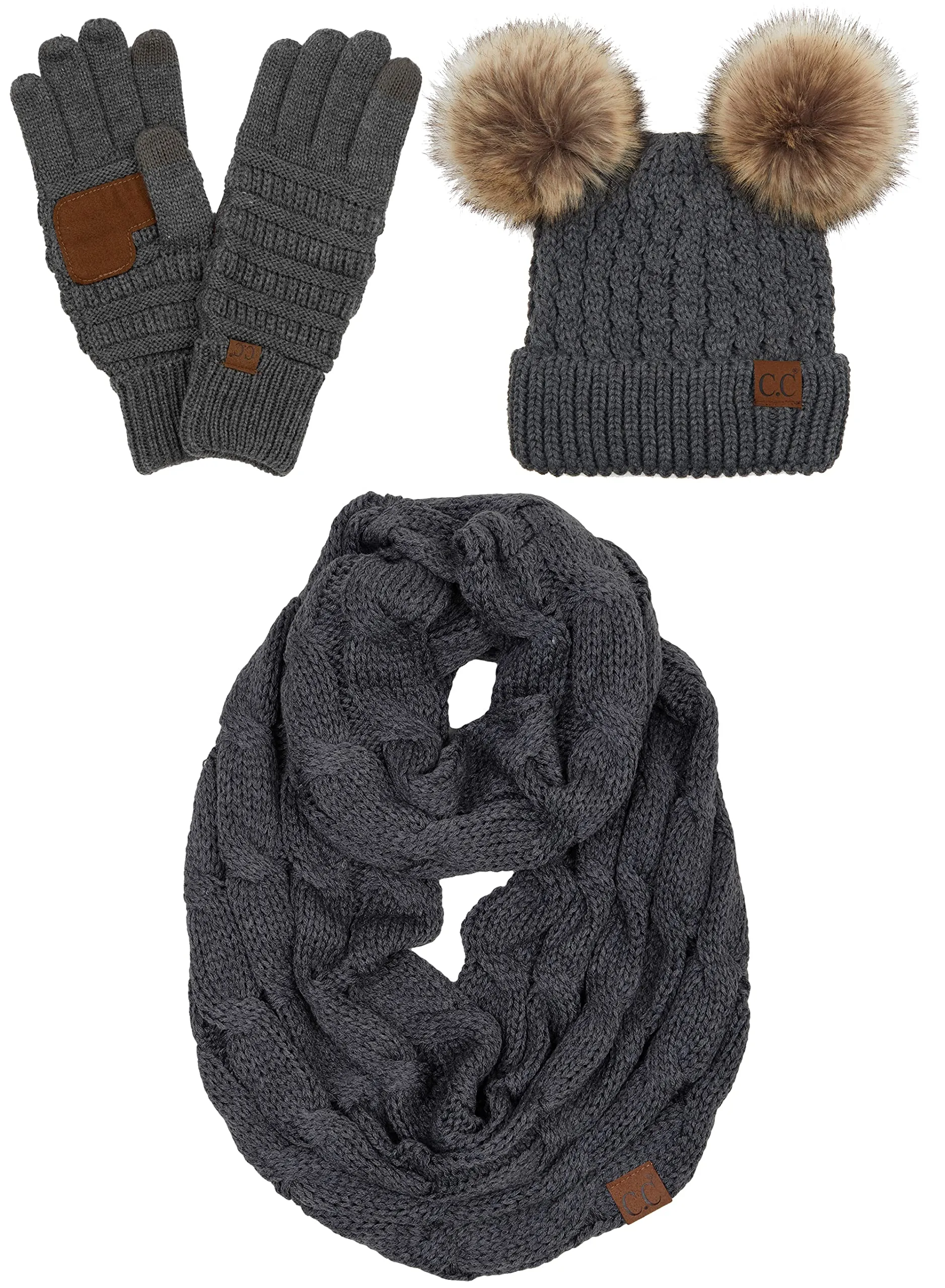 Double Pom Beanie, Infinity Scarf & Gloves Matching Set