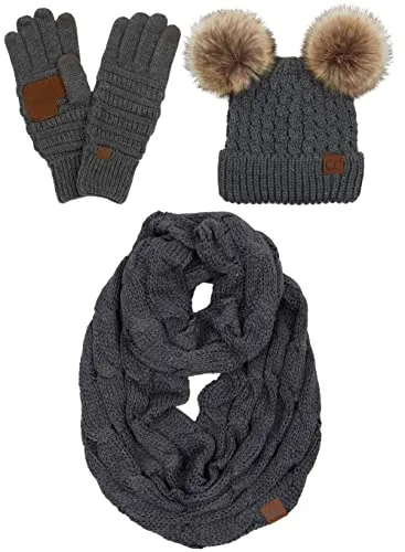 Double Pom Beanie, Infinity Scarf & Gloves Matching Set