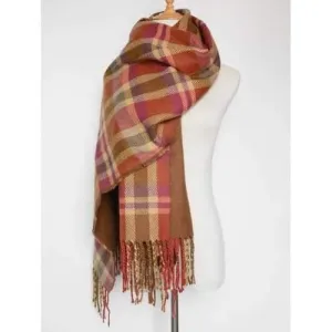 Double Sided Fringe Plaid Scarf - Red