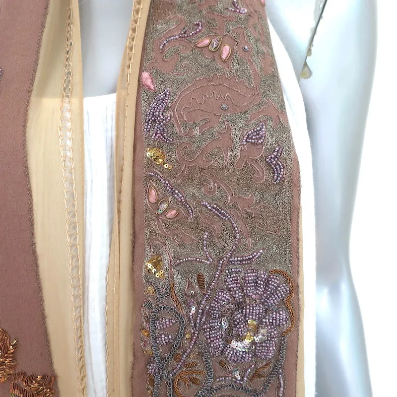 Dries Van Noten Scarf Beige Beaded & Chain-Embellished Silk & Wool