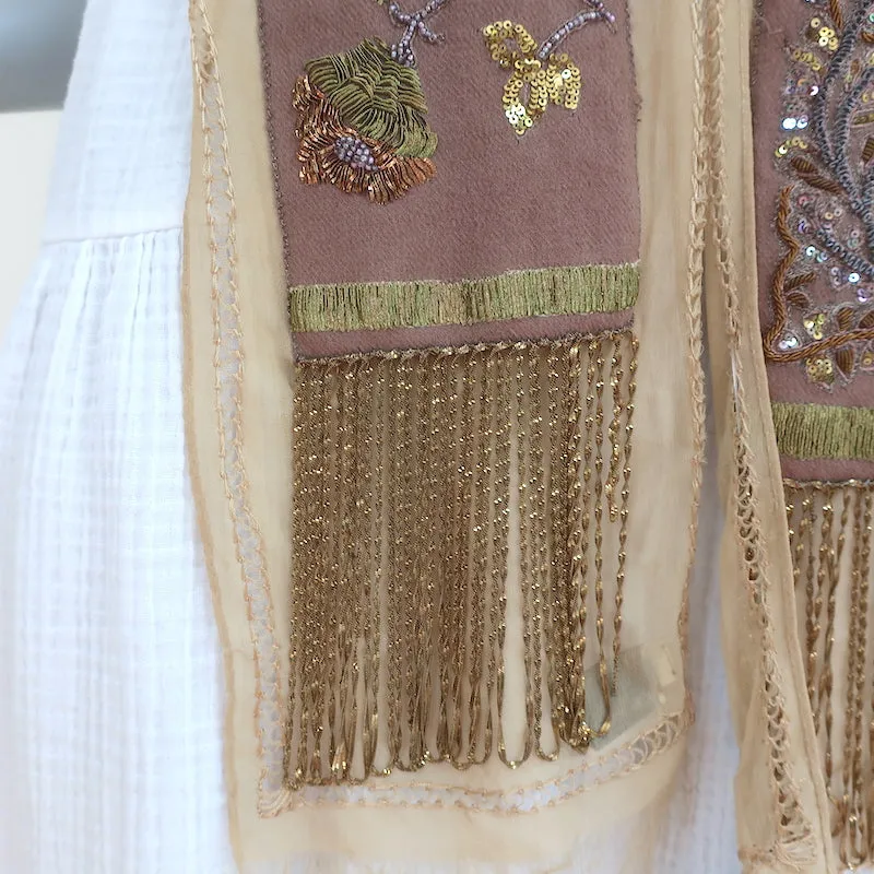 Dries Van Noten Scarf Beige Beaded & Chain-Embellished Silk & Wool