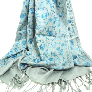 Embroidered Wool Shawl - Silver & Aqua