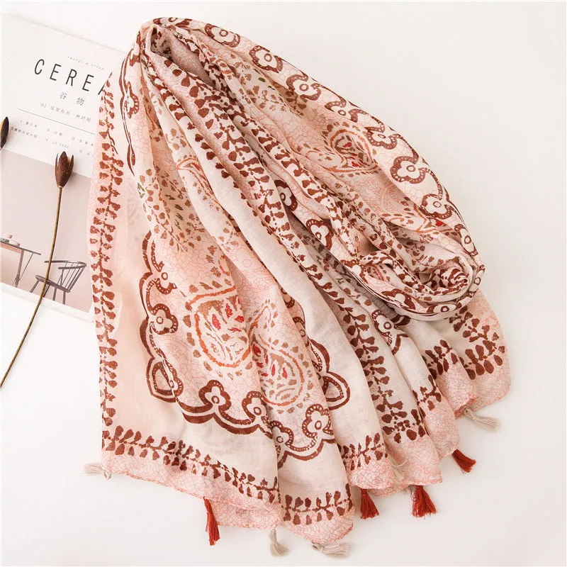 Ethnic Pink Tassel Printed Scarf Shawl for Women Ladies Girls