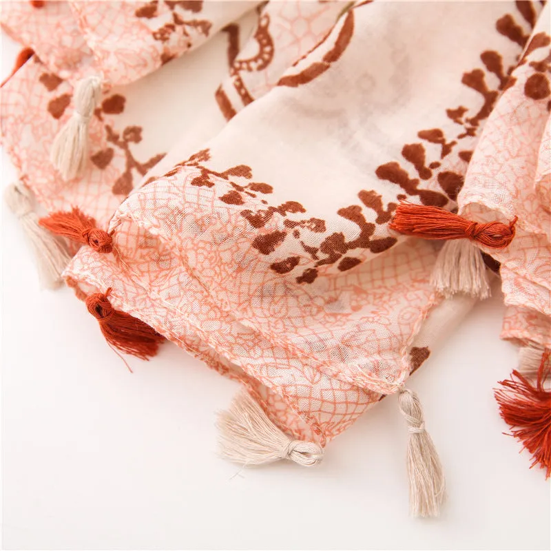 Ethnic Pink Tassel Printed Scarf Shawl for Women Ladies Girls
