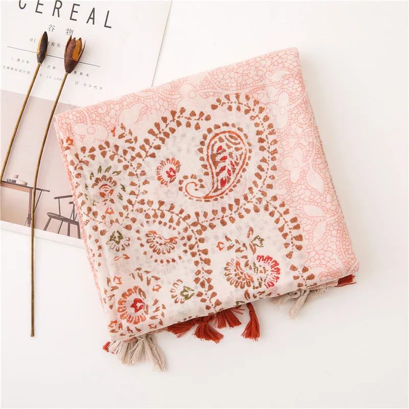 Ethnic Pink Tassel Printed Scarf Shawl for Women Ladies Girls