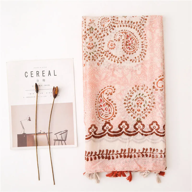 Ethnic Pink Tassel Printed Scarf Shawl for Women Ladies Girls