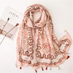 Ethnic Pink Tassel Printed Scarf Shawl for Women Ladies Girls