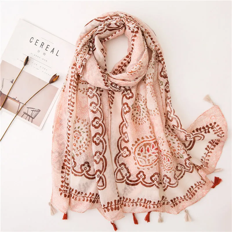 Ethnic Pink Tassel Printed Scarf Shawl for Women Ladies Girls