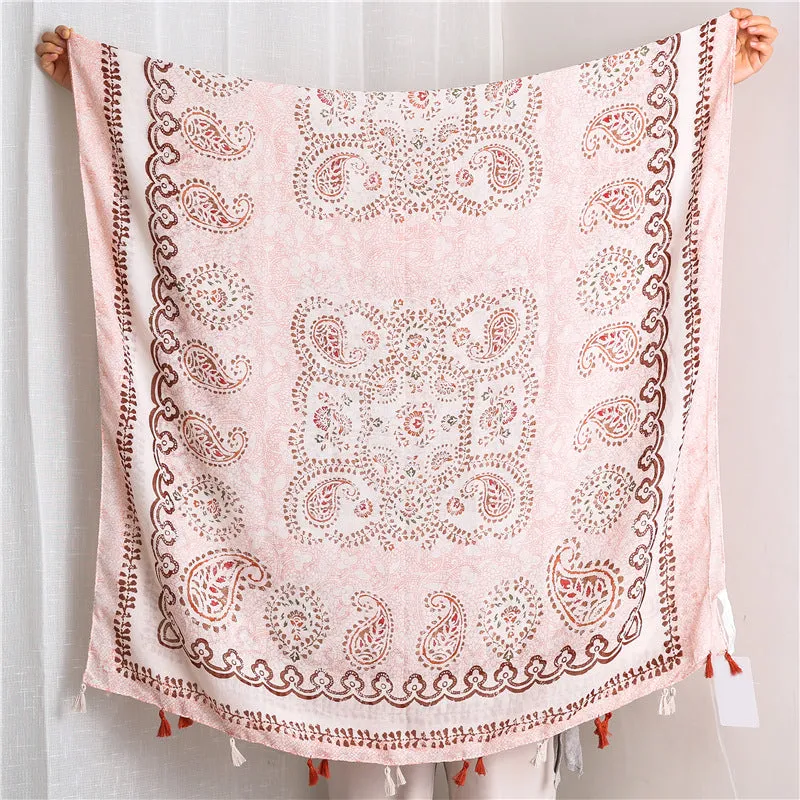 Ethnic Pink Tassel Printed Scarf Shawl for Women Ladies Girls