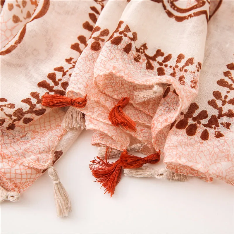 Ethnic Pink Tassel Printed Scarf Shawl for Women Ladies Girls