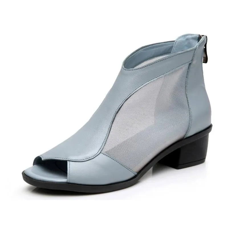 Fashion women's genuine leather summer shoes open toe sandals lace net boots thick heel mujer sandals gladiator gauze size