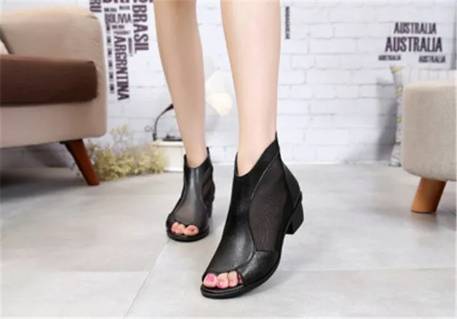 Fashion women's genuine leather summer shoes open toe sandals lace net boots thick heel mujer sandals gladiator gauze size