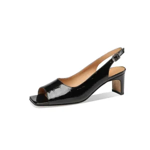 Fish Mouth Genuine Leather Thick Heels Shoes Woman