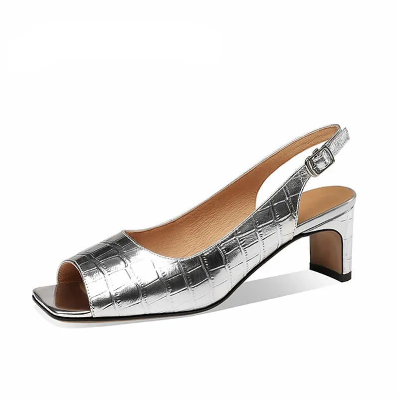 Fish Mouth Genuine Leather Thick Heels Shoes Woman