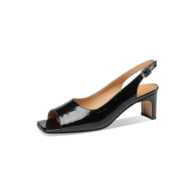 Fish Mouth Genuine Leather Thick Heels Shoes Woman
