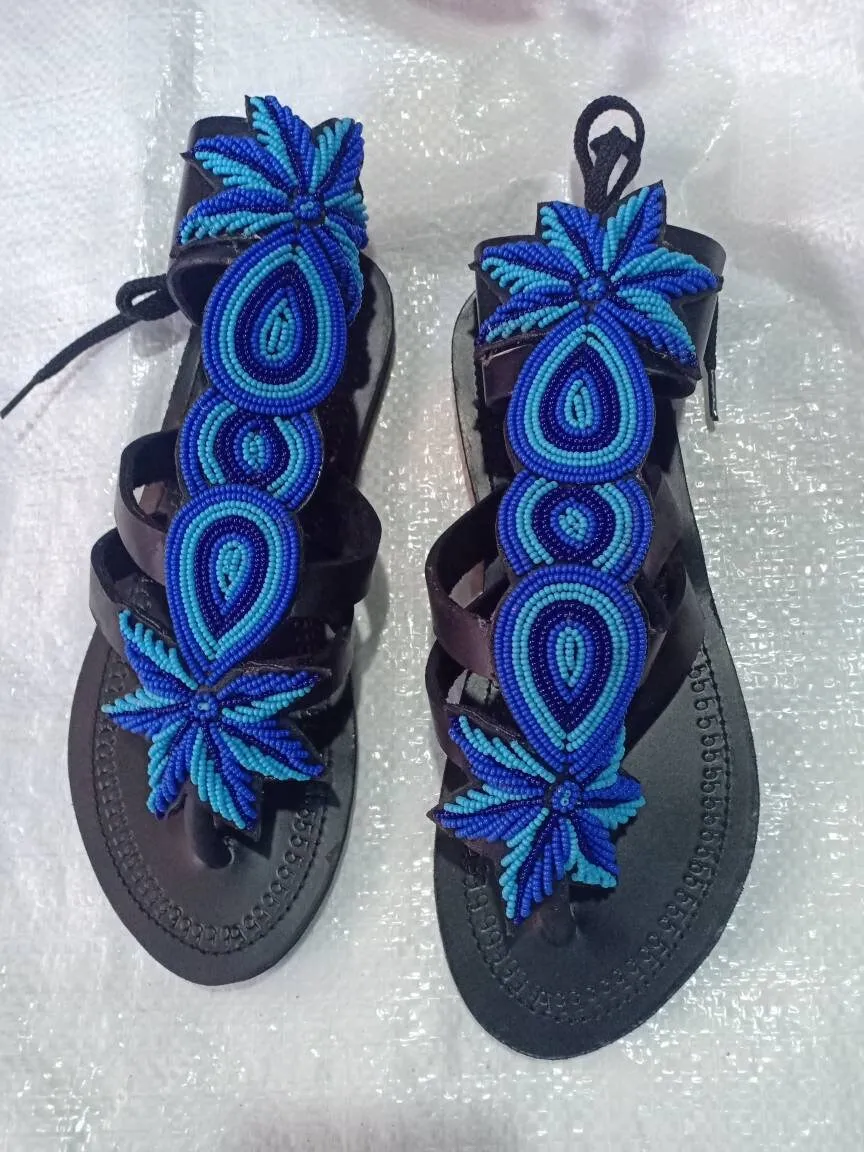 Gladiator Beaded Sandals/Authentic Maasai-Style Leather Flip-Flops Women/Boho Beach Sandals/Comfortable Summer Sandal African Gifts