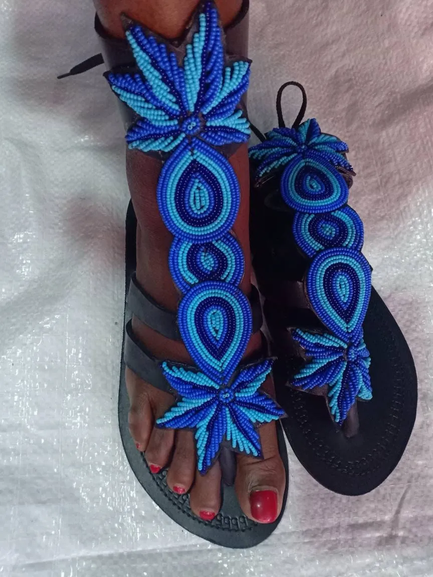 Gladiator Beaded Sandals/Authentic Maasai-Style Leather Flip-Flops Women/Boho Beach Sandals/Comfortable Summer Sandal African Gifts