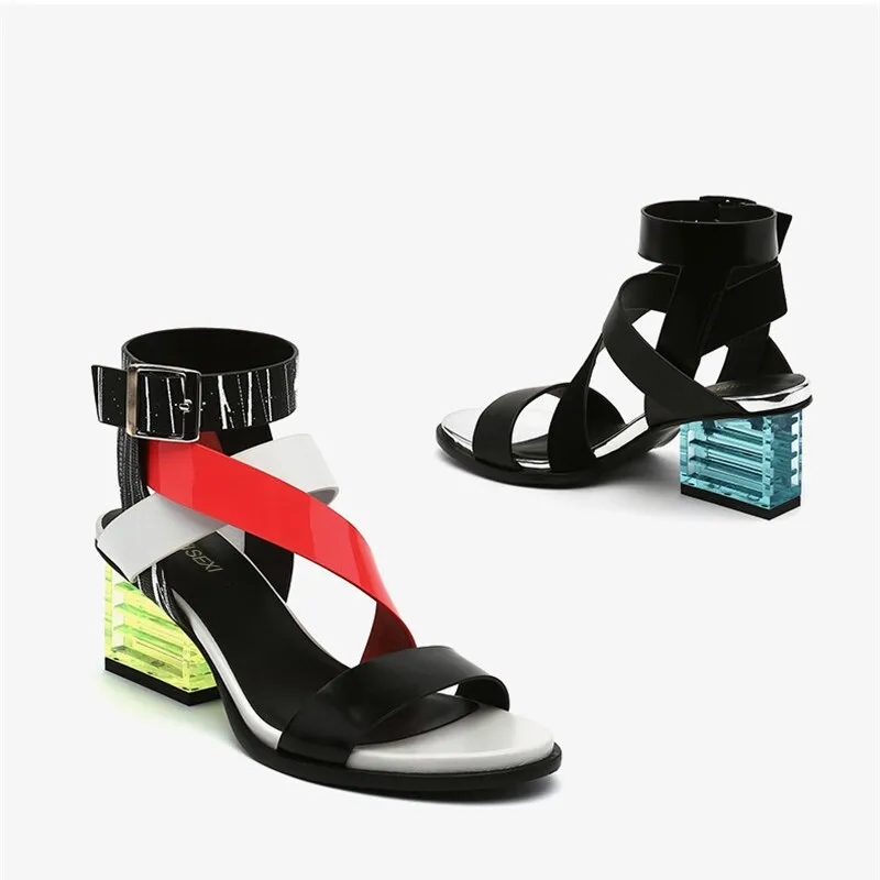 Gladiator Sandals Women Mixed Color Cross Strap