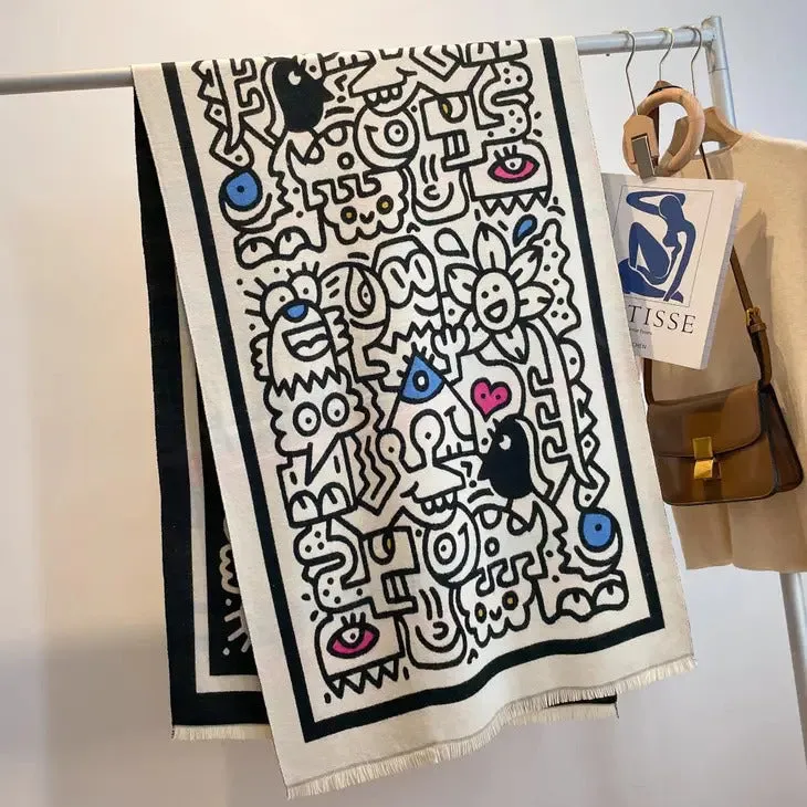 Graffiti Artisan Reversible Scarf Wrap – White and Black
