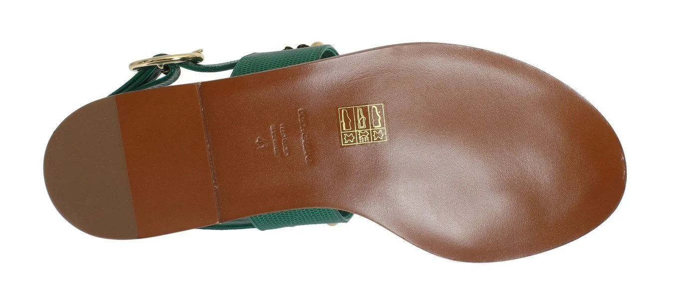 Green Leather Crystal Sandals