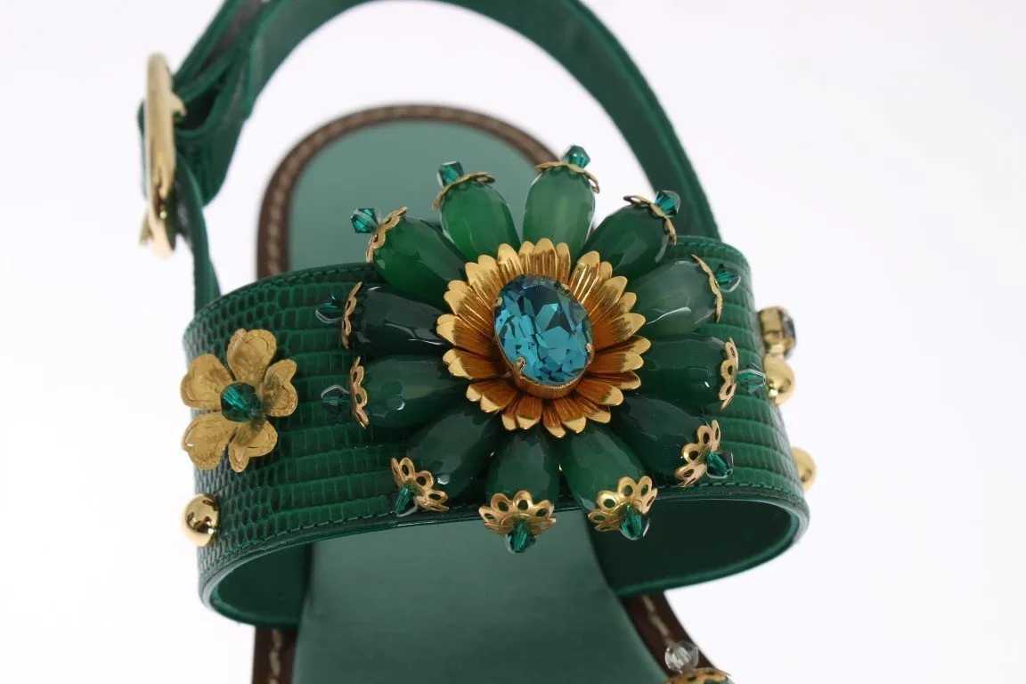 Green Leather Crystal Sandals