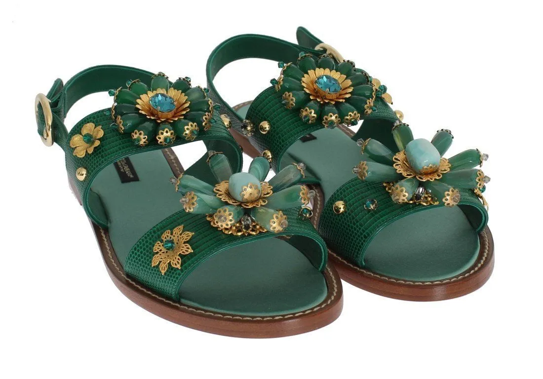Green Leather Crystal Sandals