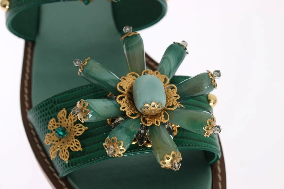 Green Leather Crystal Sandals
