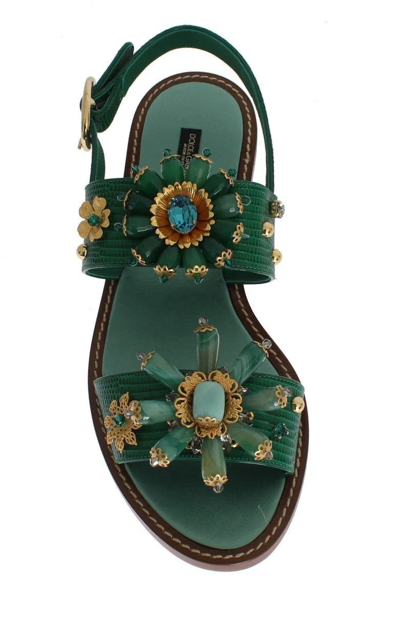 Green Leather Crystal Sandals