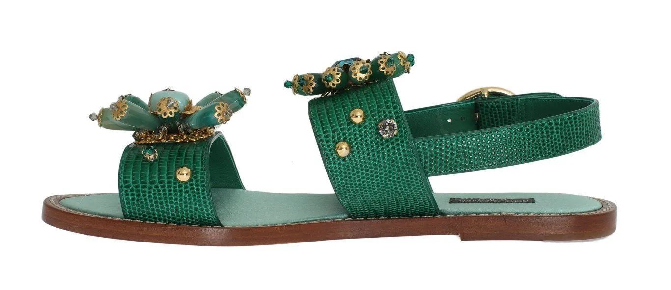 Green Leather Crystal Sandals