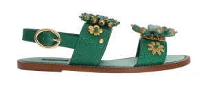 Green Leather Crystal Sandals