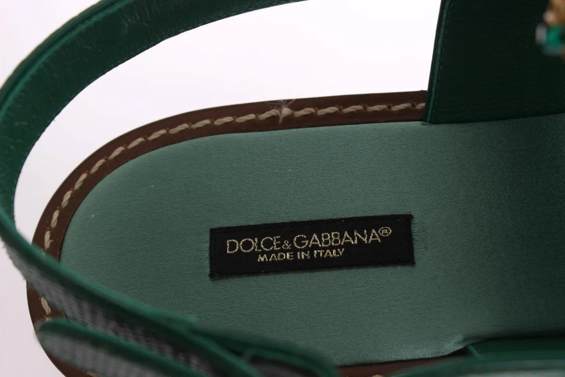 Green Leather Crystal Sandals