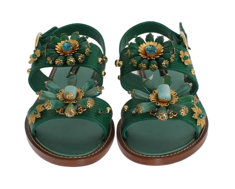 Green Leather Crystal Sandals