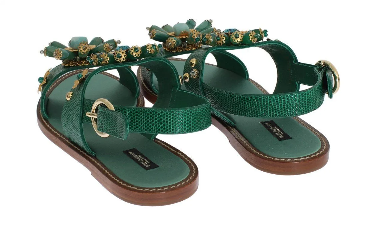 Green Leather Crystal Sandals