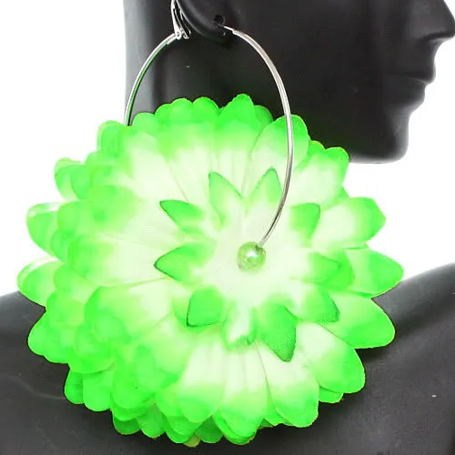 Green Oversized Large Beaded Flower Hoop Earrings